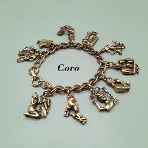 Vintage Coro Ten Commandments Charm Bracelet Gold Tone 7.25”